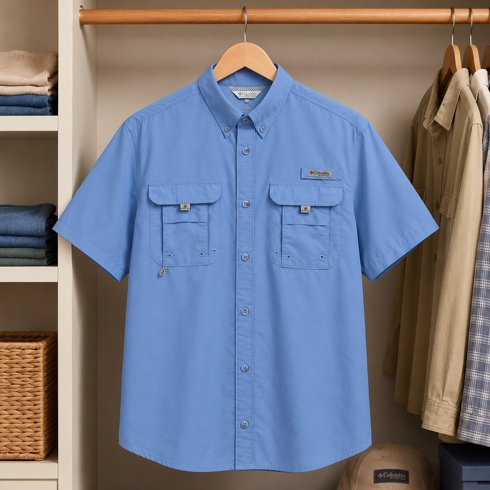 Columbia PFG Bahama Short Sleeve Fishing Shirt Light Blue Womens XL Vented Back